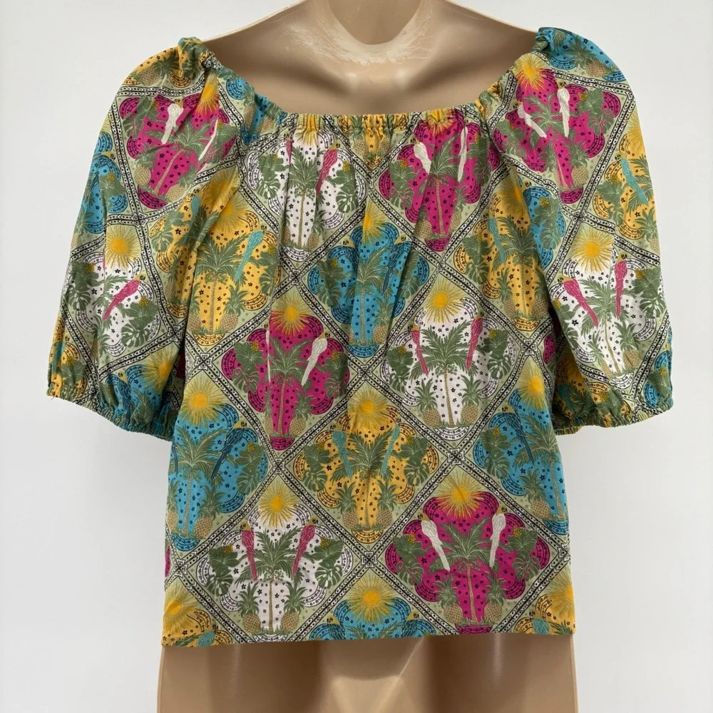 Loft Women's L Top Parrot Pineapple Print‎ Square Neck Sleeve Peasant Blouse